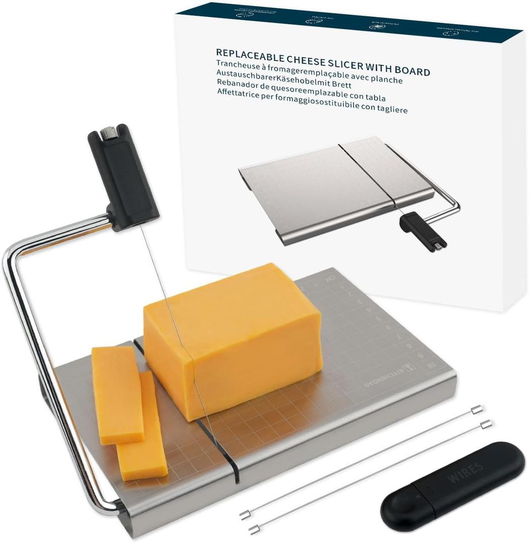 KITCHENDAO Replaceable Wire Cheese Slicer with Board and Measuring Grids,Tightness Adjustable Cheese Slicer, Stainless Steel Metal Cheese Cutter for Block Cheese, Dishwasher Safe, with 2 Extra Wires (KD20326 Cheese Slicer(Black Handle))