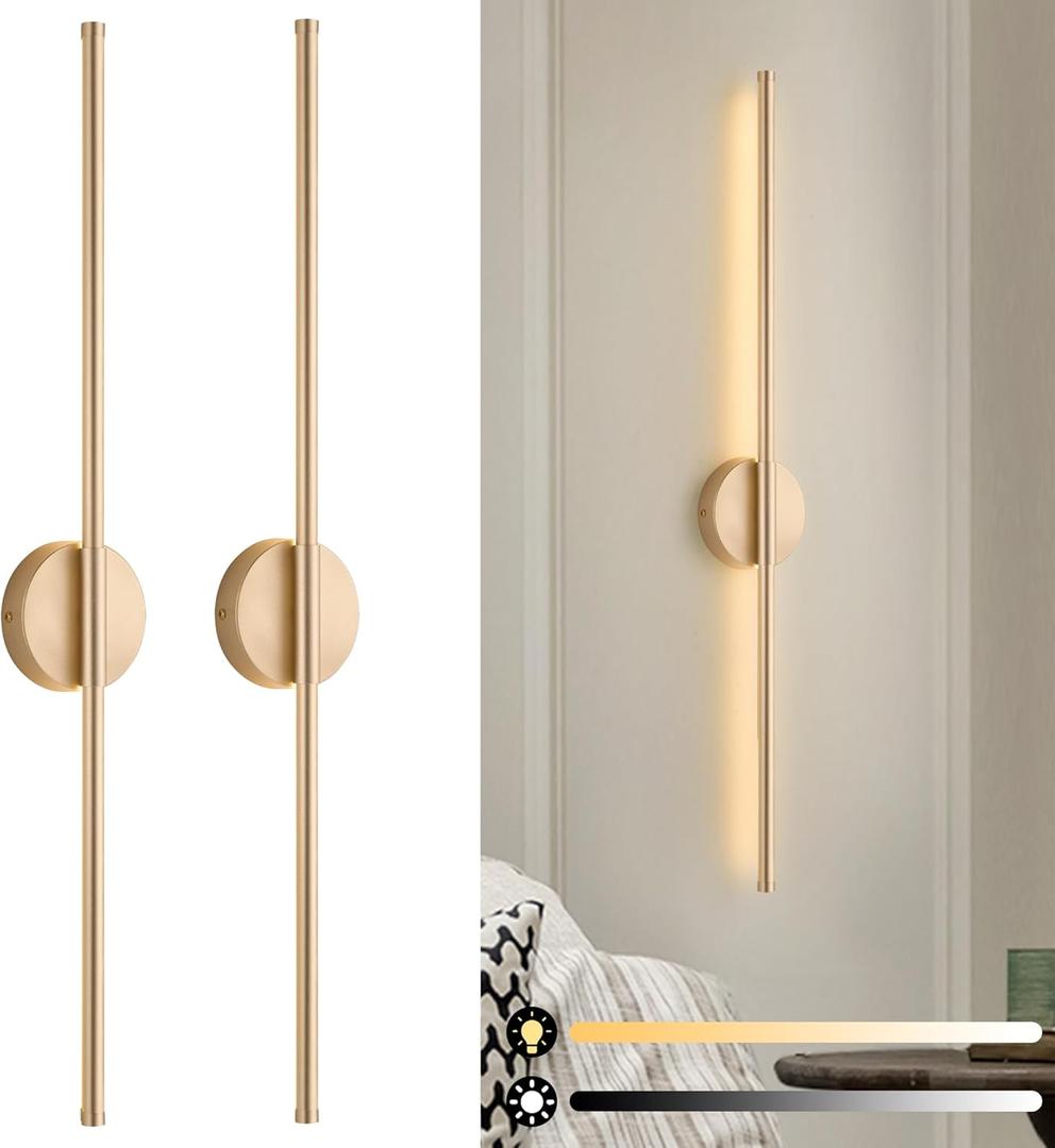 Modern Wall Sconces Set of Two, 12W LED Sconces Wall Lighting Indoor, 31.5 Inch Gold Bathroom Vanity Light Fixtures, Sconces Wall Decor Set of 2 Wall Lamps for Living Room (Champagne Gold)
