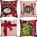 AVOIN colorlife Merry Christmas Let It Snow Joy Stripes Gift Box Red Throw Pillow Covers, 18 x 18 Inch Xmas Tree Holiday Cushion Case Decoration for Sofa Couch Set of 4