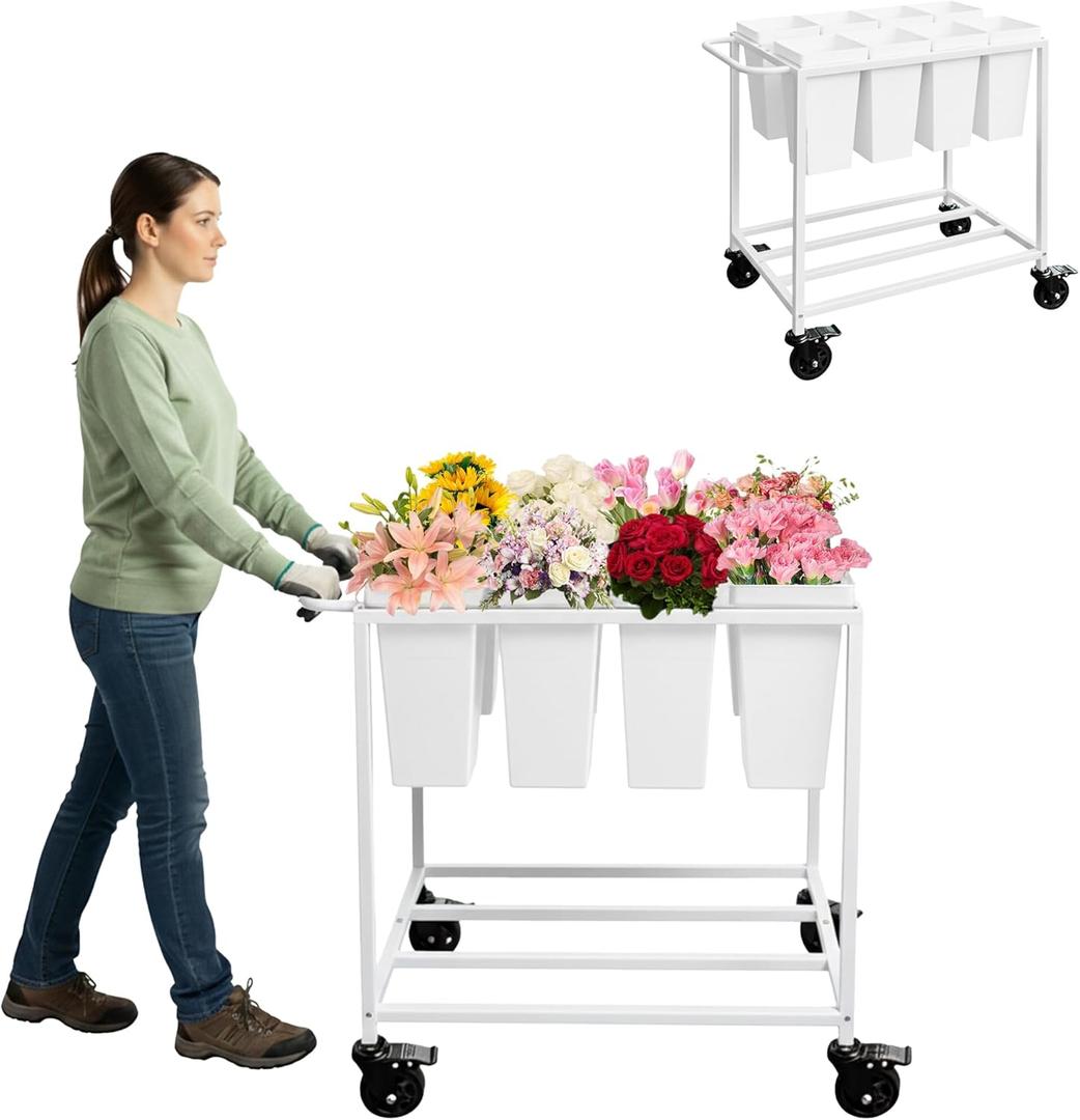 Flower Cart with 8 Buckets,Flower Cart Display Stand with Wheels,Bloom Bar,Flowers Stand for Wedding ,Party and Home Decor (White)