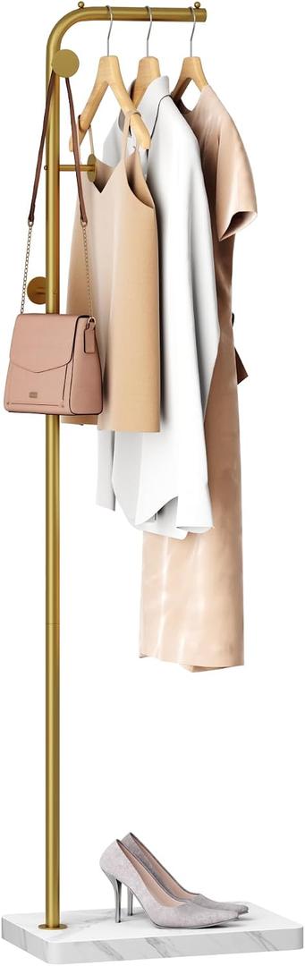 HOMEFORT Metal Coat Rack, Modern Coat Tree with 3 Hooks, L Shaped Coat Hanger Stand, Freestanding Coat Rack for Entryway and Corner, Gold
