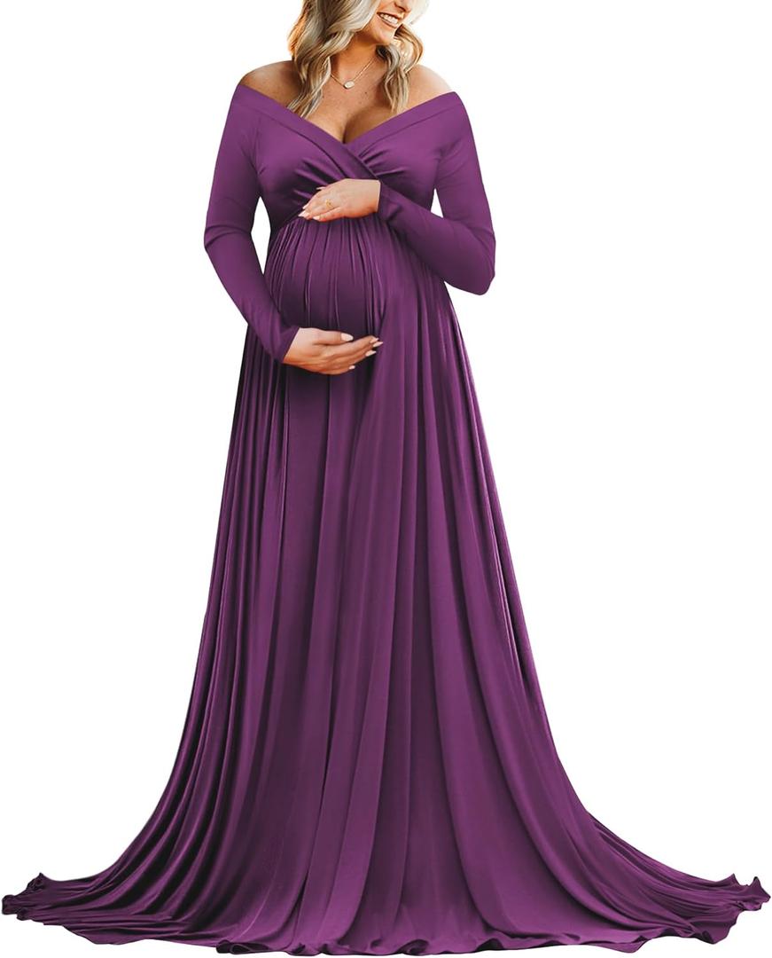 Saslax Maternity Off Shoulders Half Circle Gown for Baby Shower Photo Props Dress (Medium, Plum Purple 131)