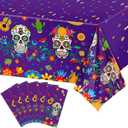 Irenare Day of The Dead Plastic Tablecloth Dia De Los Muertos Sugar Skull Table Cloth Disposable Rectangle Table Cover for Halloween Mexican Birthday Coco Party Supplies, 54 x 108 Inch(Purple,6 Pcs)