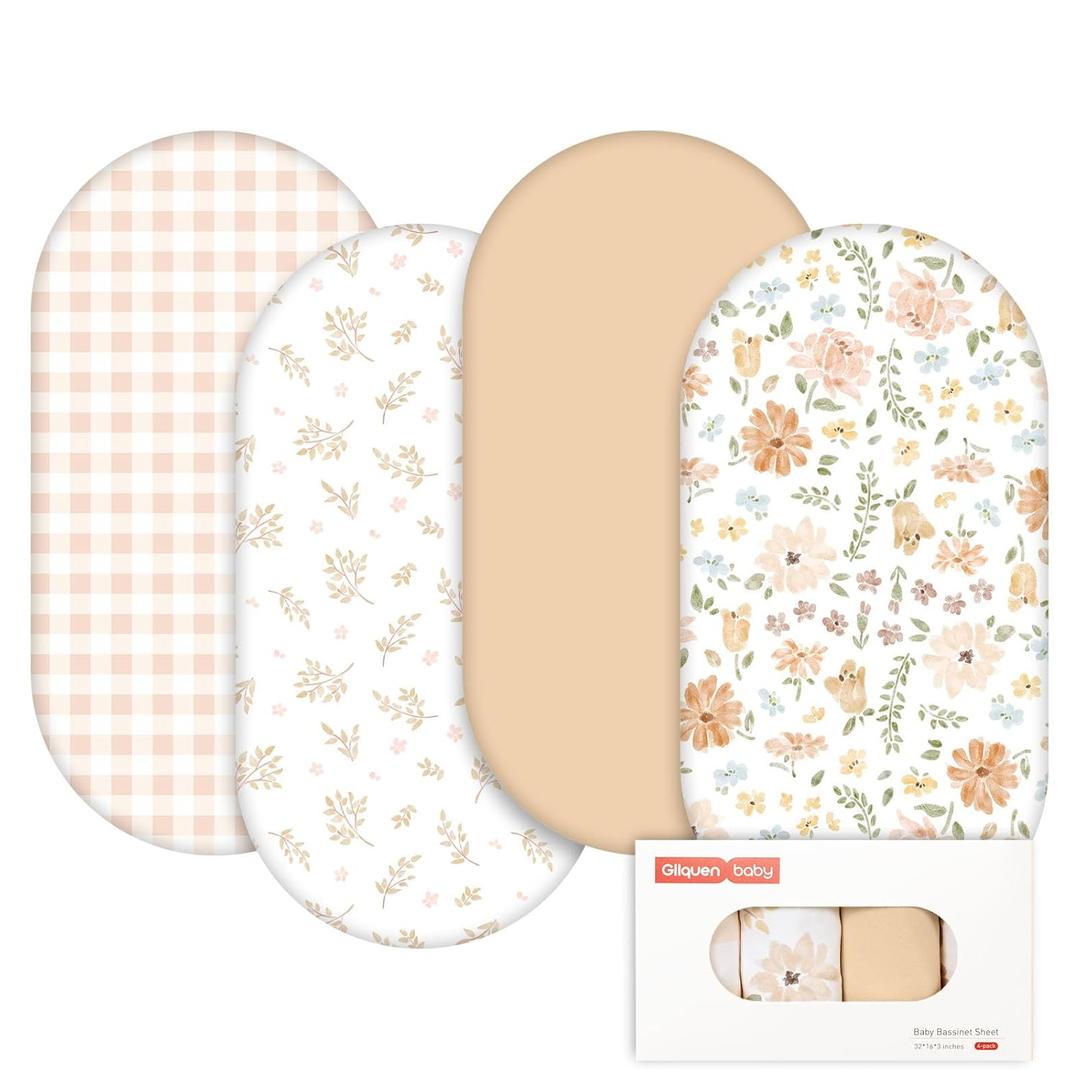 Gllquen Baby Bassinet Sheets 4 Pack, Breathable Cozy Fitted Mattress Sheet, Elastic Travel Crib Fashionable Pattern, Standard Cradle Safe Sheets for Baby Boys Girls 32"x16" (Pastoral Whispers)