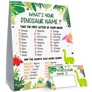 What is Your Dinosaur Name Game, Game Sign and 30 Cards, Dinosaur Birthday Party Sign for Boys and Girls, Holiday Activity, Kids Dinosaur Activity Cards, Dinosaur Activity Decoration Supplies