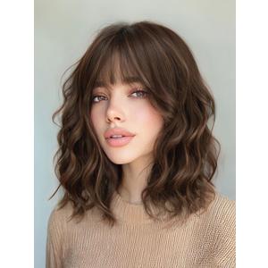 AISI HAIR French Caramel Balayage Brown Synthetic Wavy Curly Bob Wig with Bangs Short Wavy Hair for Women Synthetic Heat Resistant Bob Wigs