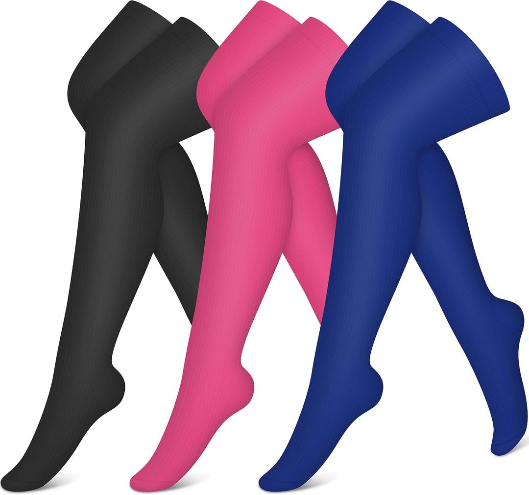 CHARMKING 3 Pairs Thigh High Compression Socks for Women and Men 15-20 mmHg Boost Circulation and All Day Comfort (L/XL, Black/Red/Blue)