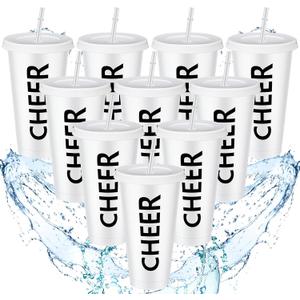 Layhit Cheerleading Plastic Tumbler with Lids and Straws Cheer Teams Gifts Cups Bulk 24 oz Reusable Cheer Cups for Team Party Supplies, (White,12 Sets)