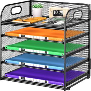 5 Tier Paper Organizer with Handle, Black Metal Mesh Desk Organizer File Folder Paper Letter Tray Desktop Document Sorter for Classroom, School, Office Accessories Organization and Storage