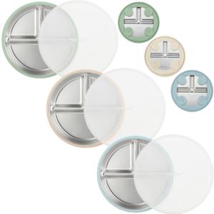 3 Pack Stainless Steel Baby Suction Plates, Divided Toddler Plate for Baby Led Weaning Supplies, Non-Slip Toddler Baby Feeding Set Dishwasher Safe (Blue/Green/Brown, With Lids)