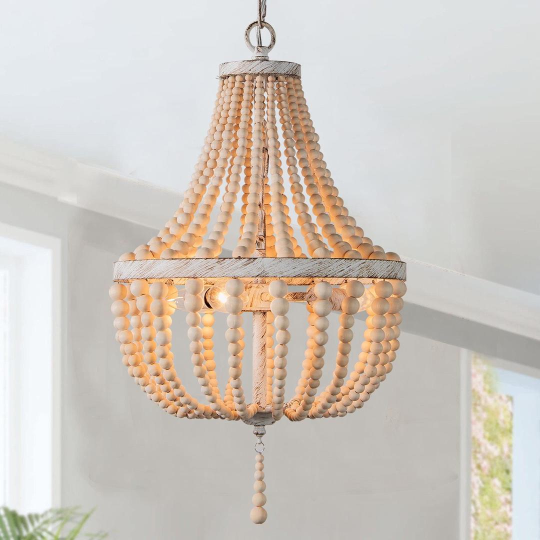3-Lights Wood Bead Chandelier Boho Light Fixture,Antique Rustic Metal White Oak Beaded Chandelier Kitchen Island Pendant Lighting for Dining Room,Bedroom,Entryway,Foyer