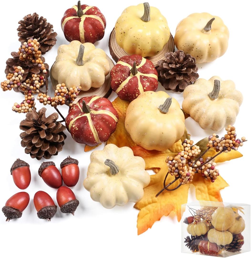 23Pcs Fake Pumpkins Fall Thanksgiving Decorations,Plastic Pumpkins with Acorns,Maple Leaves,Pine cones,Berries, Artificial Mini Pumpkin Decorating Harvest Home Decor Centerpiece Table Decorations (Style-7 23pcs)