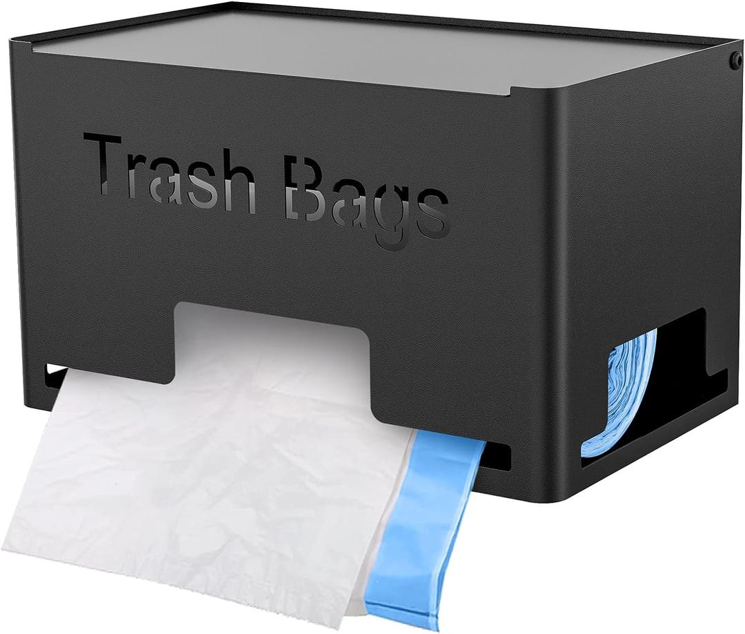 Large Trash Bag Holder Dispenser, Metal Garbage Bag Dispenser Roll Holder, Kitchen Trash Storage Organizer for Under Sink, Wall Mounted or Freestanding, Black (Large (10"x6"x6"))