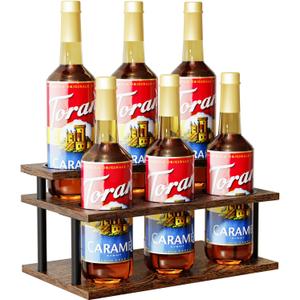 KLM Coffee Syrup Organizer, 2 Tier Wooden Small Display Shelf (6 Bottle Capacity),Syrup Bottle Sturdy Holder for Coffee Bar, Kitchen Countertop Syrups, Condiments and Wine