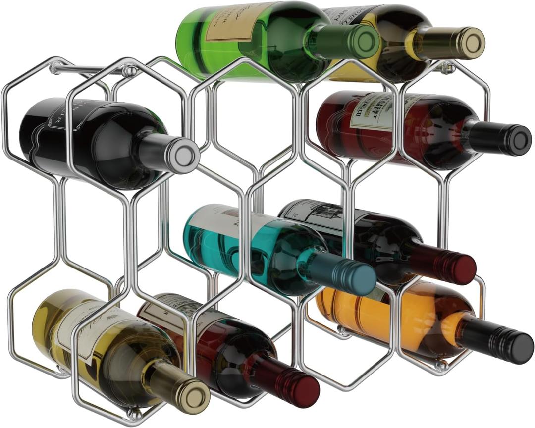 Buruis Countertop Wine Rack, 14-Bottle Modern Freestanding Metal Holder for Red and White Wine, Tabletop, Kitchen, Bar, and Cabinet Storage (Chrome) (Silver)