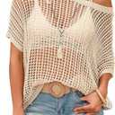 Short Sleeve Crochet Sweater Casual Beach Cover up Off Shoulder Summer Tops Loose Hollow Out Knit Tops Crewneck Pullover (Beige, L)