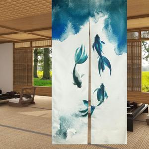 LIGICKY Chinese Ink Style Long Japanese Noren Doorway Curtain Linen Koi Fish Printed Asian Window Treatment Hanging Door Tapestry for Sushi Kitchen Home Decoration 33.5" Width x 70.9" Long