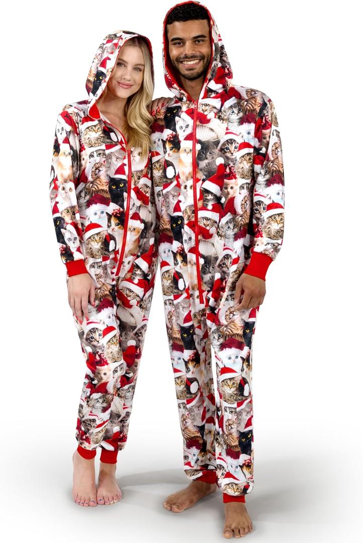 Giggling Getup Matching Pajamas for Couples, Christmas Pajamas for Women and Men, Hooded Zipper Warm Jumpsuits, 1Pcs (Small, Red and Brown)