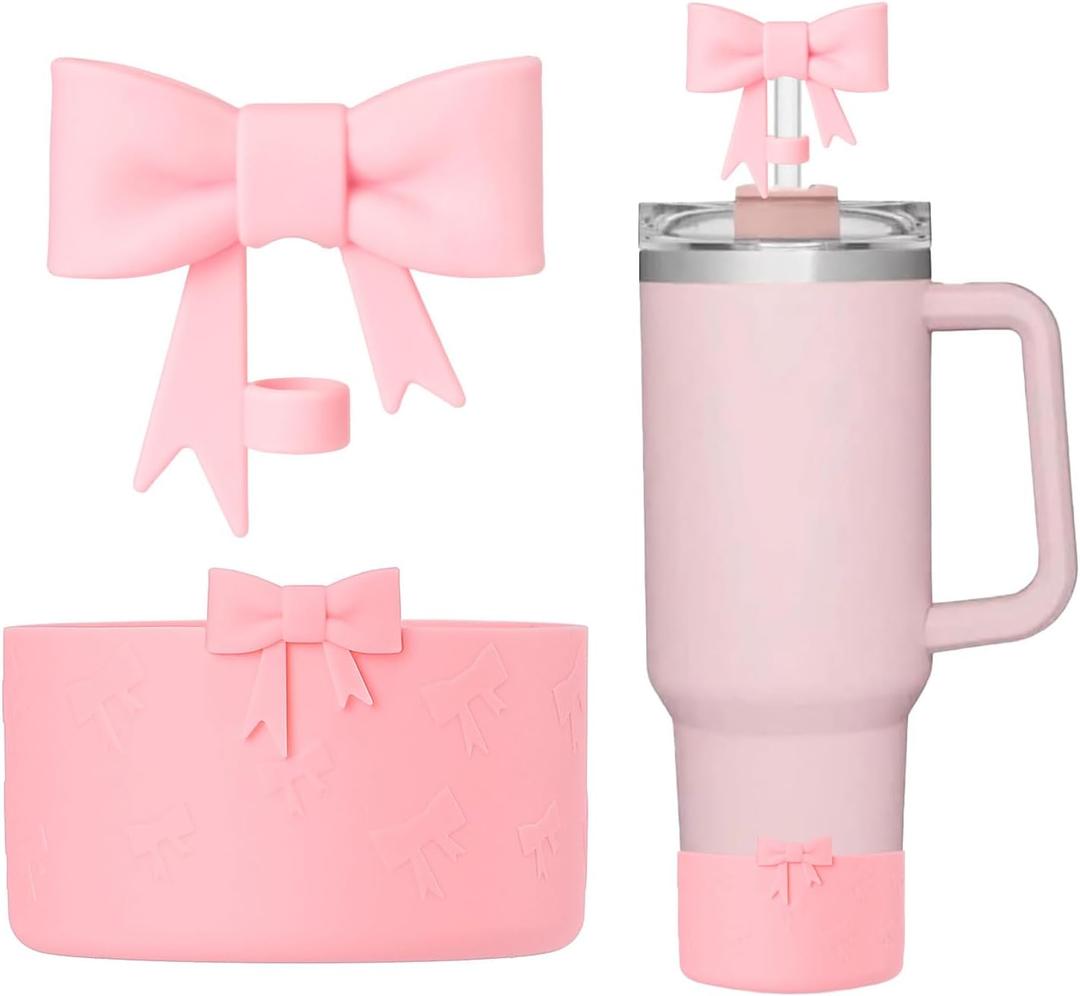 Bow Silicone Protective for Stanley Boot for 20/30/40Oz, 2 Pack for Stanley Cup Accessories Compatible 12-24Oz for Hydroflask Boot and More (Pink Set)