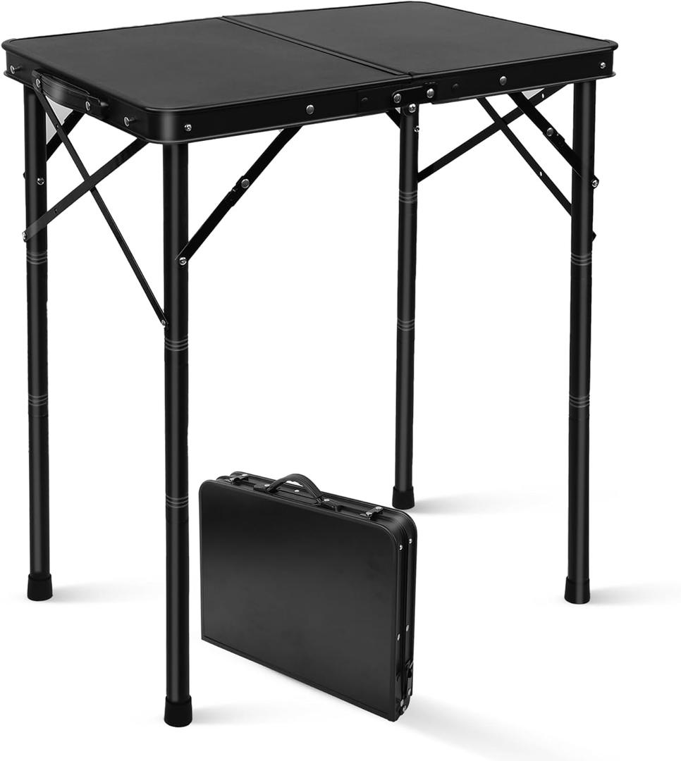 Folding Camping Table, Pure Black 2ft Picnic Table Metal Legs MDF Tabletop, Small Outdoor Table Adjustable Height, Lightweight, Waterproof, Portable Handle for Travel Cooking