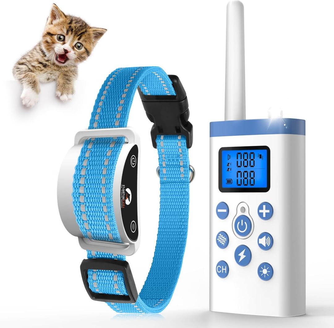 Cat Shock Collar with Remote, Cat Training Collar with Auto Anti-Meow, Beep, Vibration, Safety Shock 4 Modes for Bad Behaviour, Rechargeable, Effective for Stopping Cats Meowing