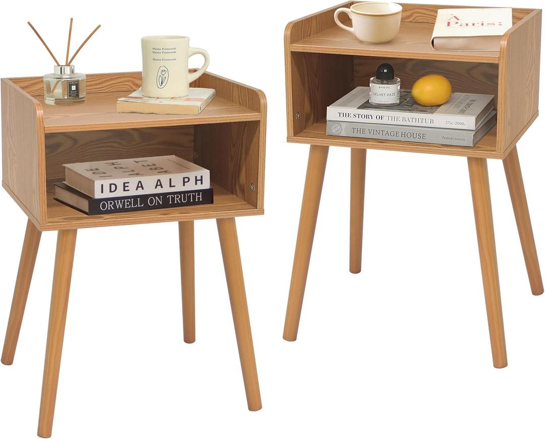 MaxSmeo Nightstands Set of 2, Mid Century Modern Side Table Bedroom with Storage, Small End Bedside Table Set of 2 with Solid Wood Legs for Living Room, Office Small Spaces (Brown)