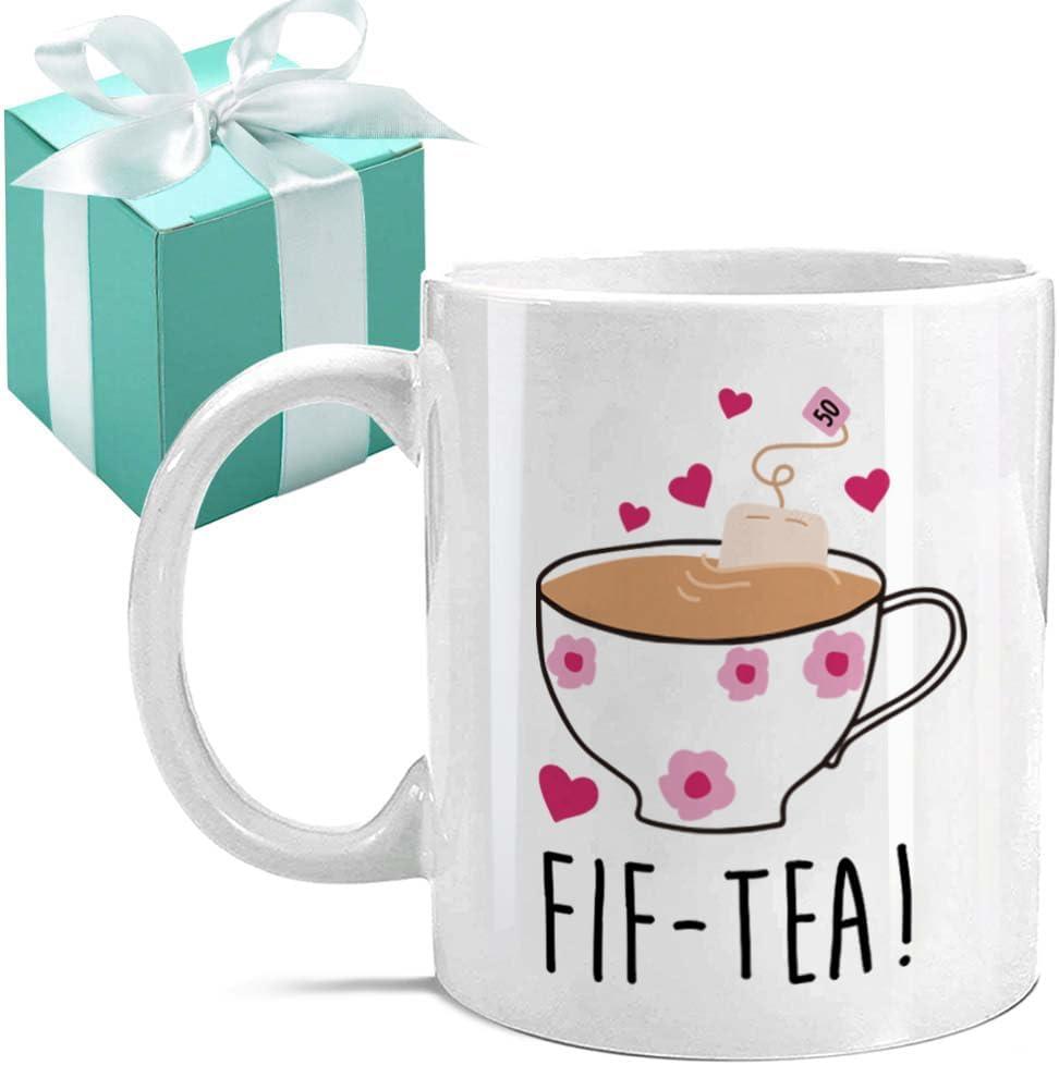 FIF-TEA 50th Birthday Mug Gifts for Women - Tea Lover Gift - Funny Bday Gift for Mom Dad Husband Wife Friend - 50 Year Old Funny 11OZ Tea Cup Coffee Mug, Mother's Day Gifts for Grandma