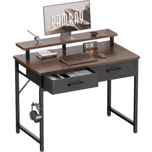 Pamray 32 Inch Small Computer Desk with Monitor Stand and 2 Drawers