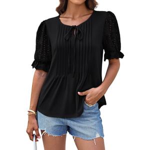 GRACE KARIN Womens Summer Top Casual Crewneck Short Puff Sleeve Crochet Lace Embroidered Blouses Shirts (Small, Black)