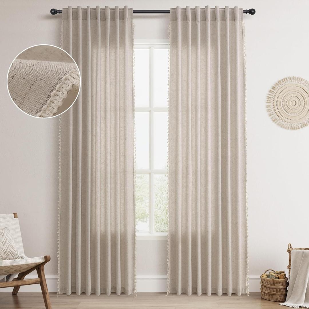 Light Taupe Apricot Natural Boho Linen Curtains 84 Inches Long for Bedroom Living Room 2 Panels Chic Flax Cotton Textured Curtains Brich Sheer Farmhouse Curtain Back Tab Vintage Tassels Drapes 52X84 (52"W x 84"L (Pack of 2))