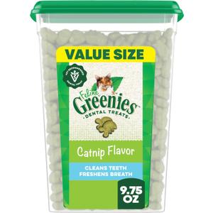 Greenies Feline Veterinarian-Recommended Adult Natural Dental Cat Treats, Catnip Flavor, 9.75 oz. Tub (EXP 10/01/26)