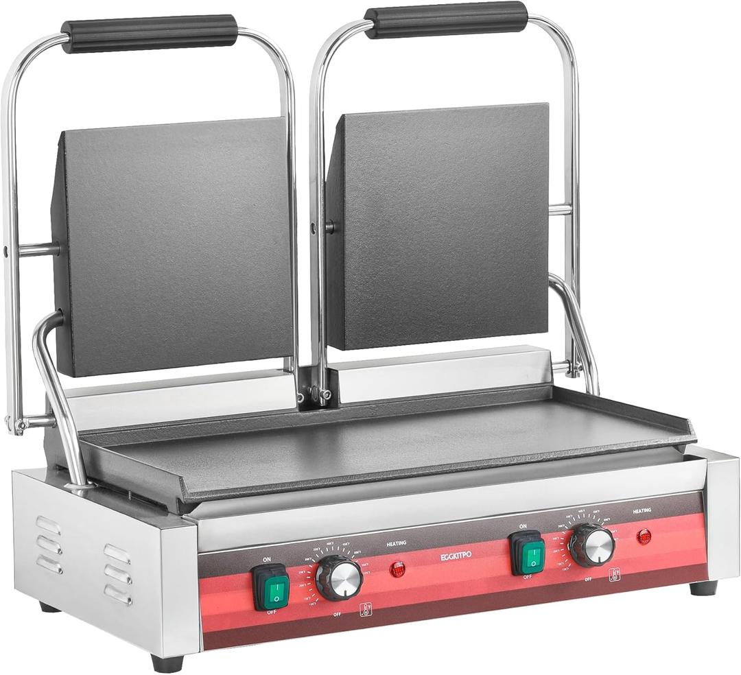 EGGKITPO Commercial Dual Panini Press with 2 Flat Plates Electric Panini Grill with Temperature Control and Handle 19.5" 9.4" Large Cast Iron Sandwich Maker for Kitchen Business 110V 3400W