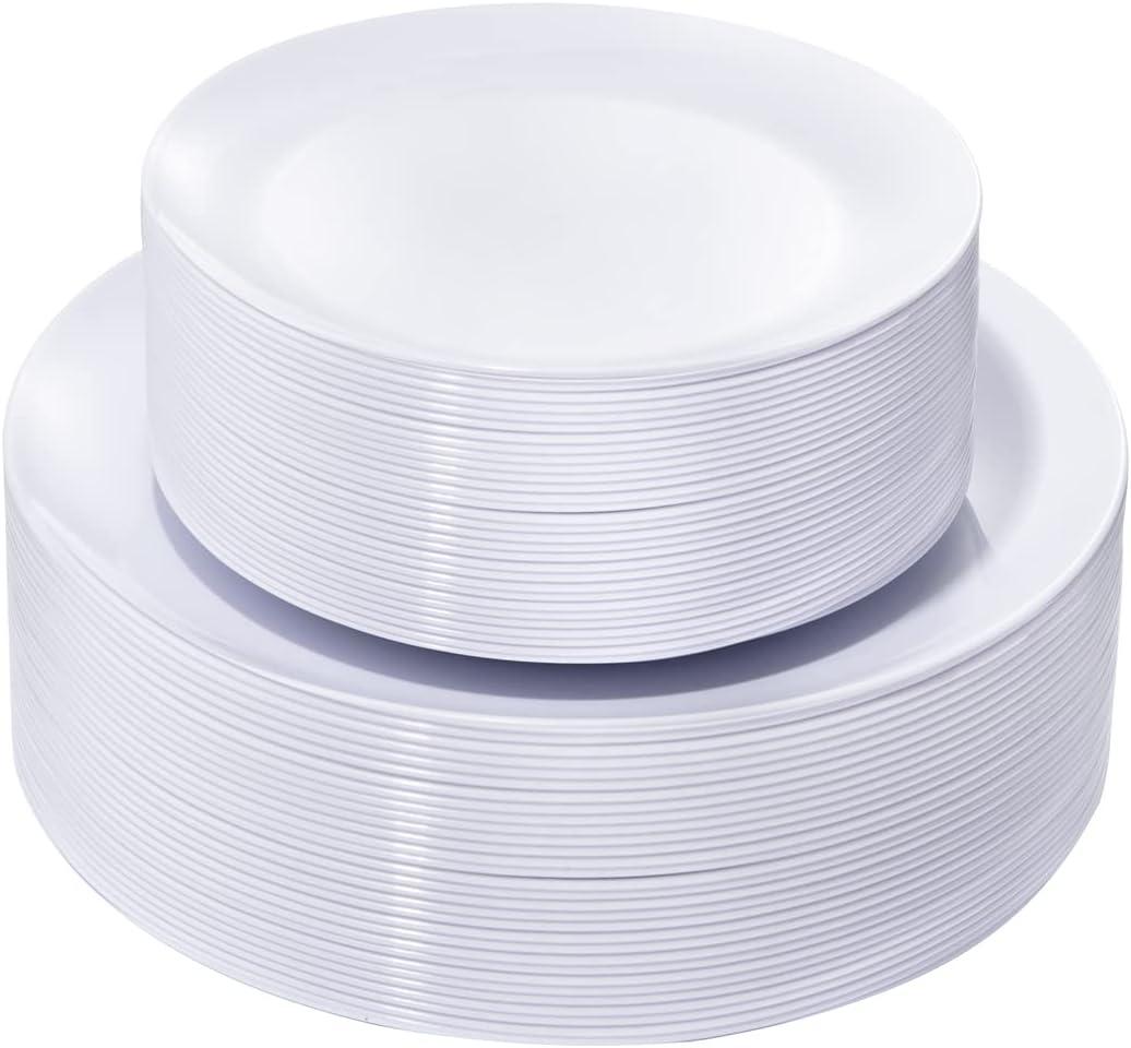 KIRE 60PCS White Disposable Plates - Heavy Duty White Plastic Plates for Party/Wedding - Include 30Pieces 10.25inch Dinner Plates and 30Pieces 7.5inch Dessert/Salad Plates