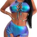 Women's 2 Piece Swimsuit Metallic Rave Outfits Halter Sexy Tops Shorts Garter Lingerie Set Beach Shiny Bikini Set, Large
