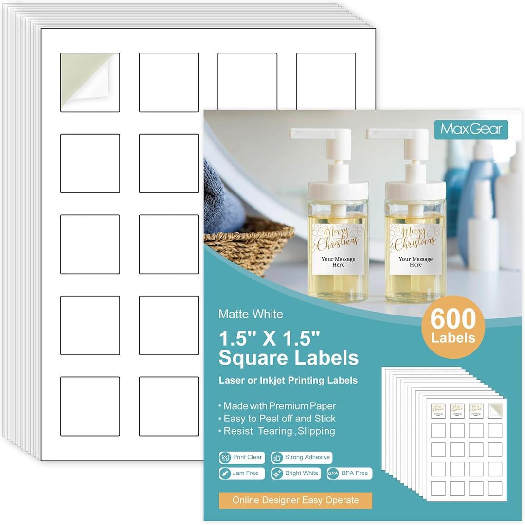 MaxGear 1.5" Square Sticker Labels, for Inkjet or Laser Printer, Matte White Printable Labels Sheets, Strong Adhesive, Dries Quickly, Holds Ink Well, 30 Sheets