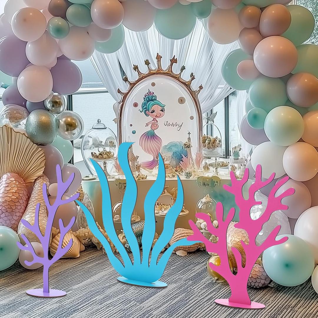 Amyhill 3 Pcs Large Under The Sea Corals Seaweed Wooden Decoration Mermaid Party Under The Sea Party Decorations for Ocean Theme Mermaid Birthday Decor Party Photography Props