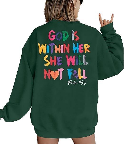 BEBNKGK Christian Sweatshirts for Women God Is Within Her Sweatshirts Christian Religious Sayings Long Sleeve Inspirational Blouse Top(Green,XL)