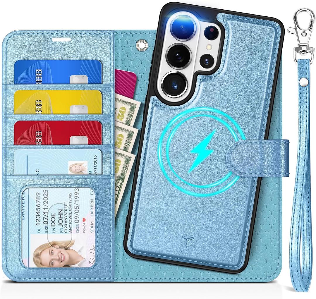 TUCCH 2-in-1 Detachable Wallet Case for Galaxy S26 Ultra, RFID Blocking 4 Card Slot, Wireless Charging Wrist Strap Kickstand, Magnetic PU Leather Protective Flip Cover 6.9" 2026, Pearly Light Blue