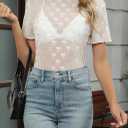 Women's Mesh Lace Top Sheer Short Sleeve T Shirt Mock Neck Summer Blouses (White, M)