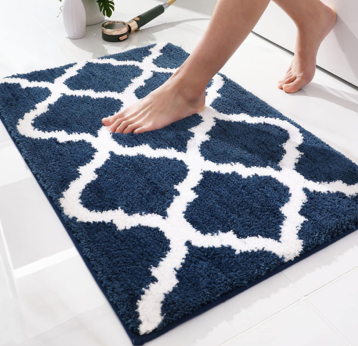 OLANLY Bathroom Rugs 24x16, Soft and Absorbent Microfiber Bath Rugs, Non-Slip Shaggy Shower Carpet, Machine Wash Dry, Bath Mats for Bathroom Floor, Tub and Shower, Navy