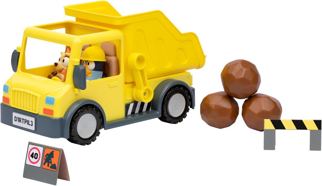 Bluey Dump Truck Toy Playset, Sturdy Working Toy Dump Truck with 2 Articulated Figures and 3 Huge Boulders, Construction Toys for Kids of Ages 3+