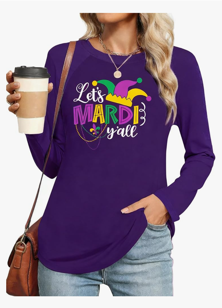 Mardi Shirts for Women: Carnival Glitter Mask Graphic T Shirt Mardi Outfit Fat Tuesday Long Sleeve Tops
Size L