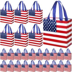 50 Pcs American Flag Gift Bag Bulk 4th of July Patriotic Reusable Tote Bags with Handle Stars and Stripes Print Non Woven Candy Bags for Independence Day Birthday Party Family Holiday Travel