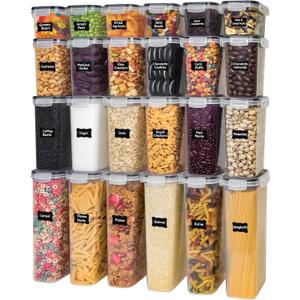 Freshware Kitchen Storage Containers with Lids, 48 PCS Airtight Food Storage Containers, Plastic Kitchen Containers, Pantry Containers for Cereal, Dry Food, Includes Labels, Marker & Measuring Spoons