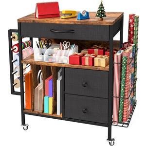 Wrapping Paper Storage Cart, Rolling Gift Wrap Station with 3 Drawers & Side Holders, Wrapping Paper Organizer Holder with Wheels for Gift Bags, Ribbons, Wrapping Supplies