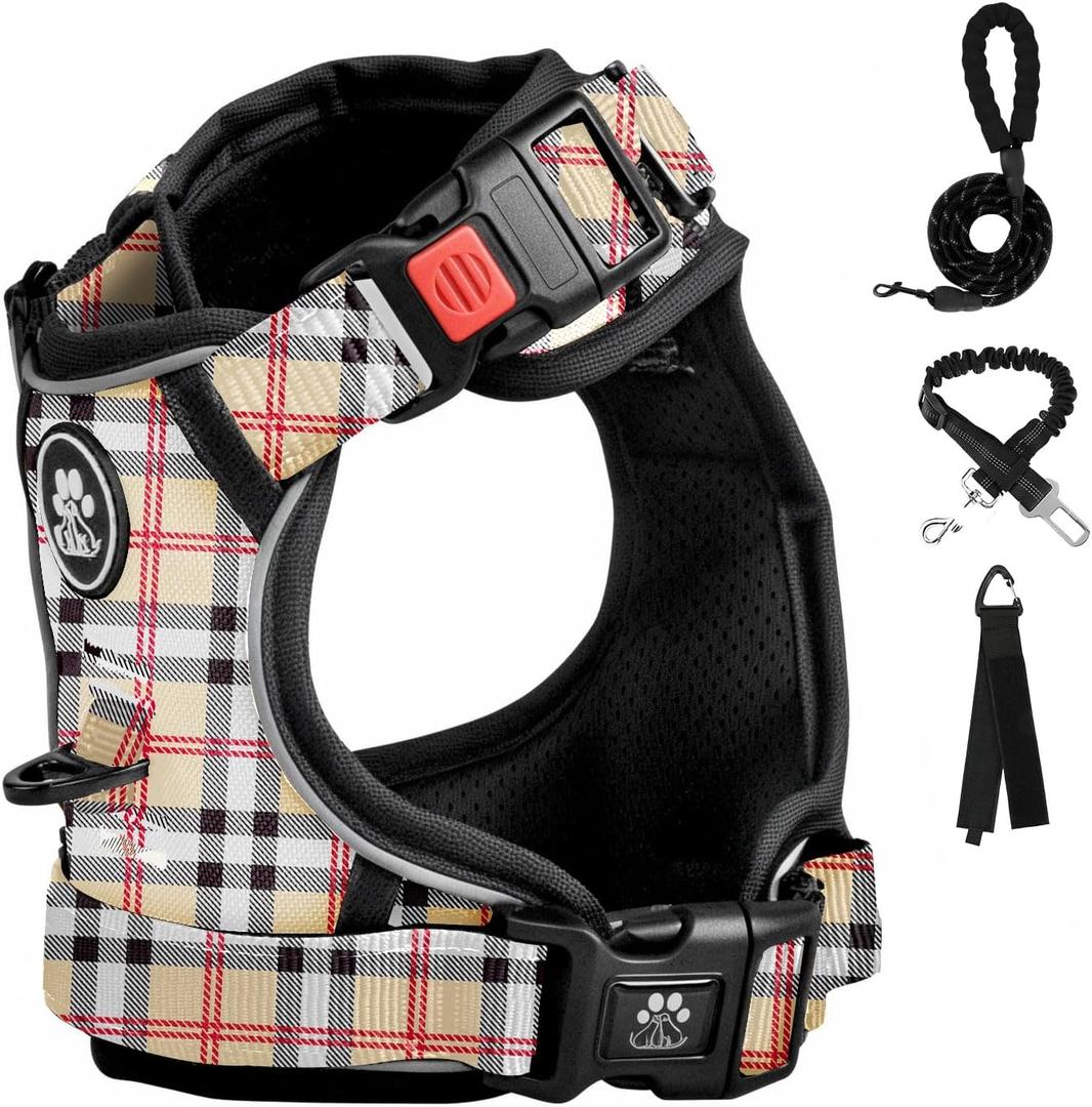 FURRYFECTION Plaid Dog Harness for Medium Dogs | No Pull Reflective Pet Harness | No Choke Adjustable Dog Vest Harnesses | with Leash | Easy Control Handle | Front Lead | Seat Belt | Beige&White | M