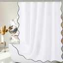 ORTIGIA White Shower Curtain with Black Scalloped Edge, Black and White Shower Curtains Cute Aesthetic Pretty Preppy Waterproof Fabric Bath Bathroom Decor with Metal Hook 72 W x 72 H Inch