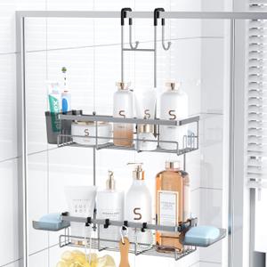 Hanging Shower Caddy Over Door: Silver Rustproof Shower Organizer over the Door - No Drilling Bathroom Rack for Inside Shower