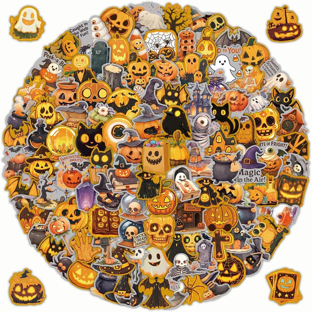 200 PCS Halloween Stickers  Cute & Spooky Waterproof Stickers with Gold & Silver Borders, Party Favors, Decorations, Crafts & Accessories for Kids, Boo Basket Stuffers, Gift Box Packaging