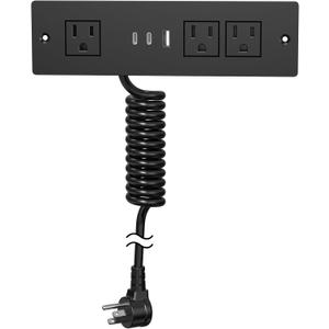 Furniture Drawer Outlet, Recessed Power Strip with (3) PD 20W USB Ports Fast Charging & (3) 15 Amp AC Outlets, (14 AWG) 5 FT Spring Black Cord